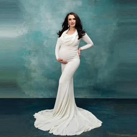 

New In Maternity Dress For Photo Shoot With Hat Long Sleeves Plus Size Stretchy Floor Length White Women Spandex Mermaid Photo S