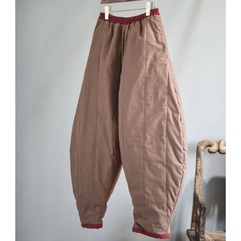 Warm Thick Pants Women Winter Solid Color Padded Wide Leg Trousers Chinese Style Baggy Vintage  Elastic Waist Thick Bloomers