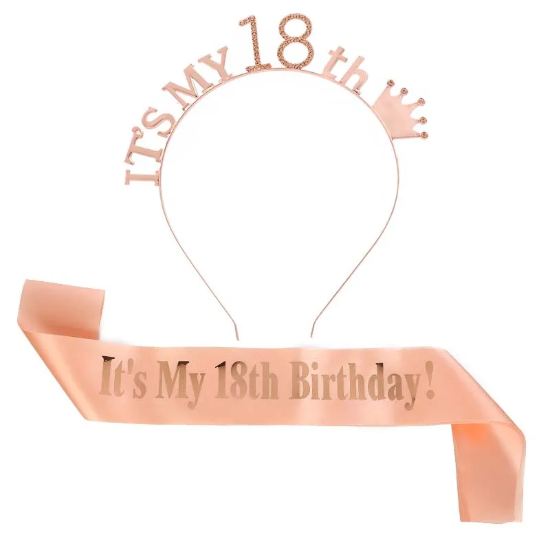 

Rose Gold Birthday Crown Crystal Tiara Women Girl Champagne Satin Sash It's My 13 16 18 21 30 40 50 60 70 80th Birthday Decor