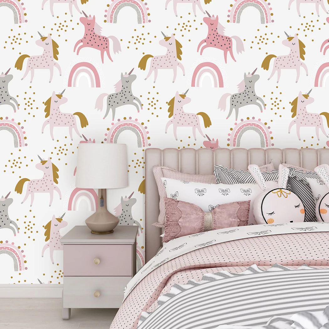 Peel And Stick Cartoon Wallpaper Cute Unicorn Rainbow Pink/Grey Self-Adhesive Wall Stickers For Kidroom Home Decor Easy To Paste