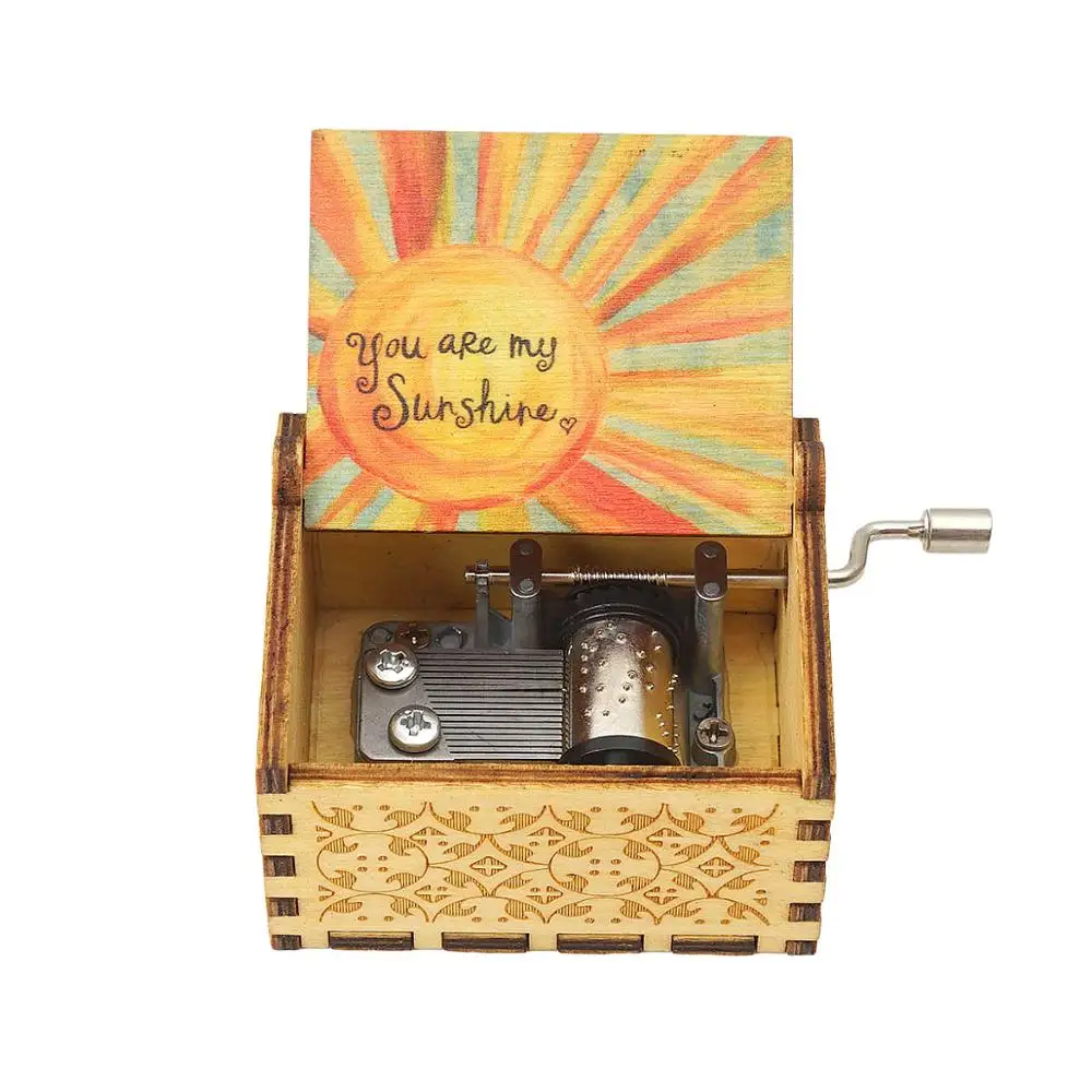 You are My Sunshine Wood Music Box,Hand Cranked Laser Engraved Vintage Musical Box Case Gifts for Birthday/Christmas/Valentine