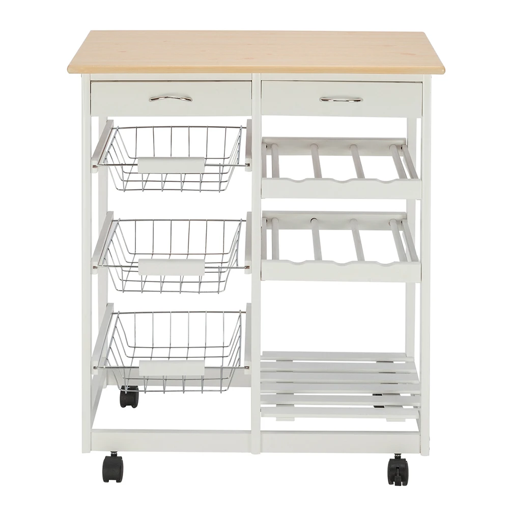 FCH Movable Kitchen Cart Dining Cart  with Two Drawers & Two Wine Racks & Three Baskets White 67 x 37.5 x 76cm