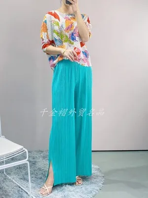 

HOT SELLING Miyake Fashion fold SOLID straight pants loose Side slit trousers IN STOCK