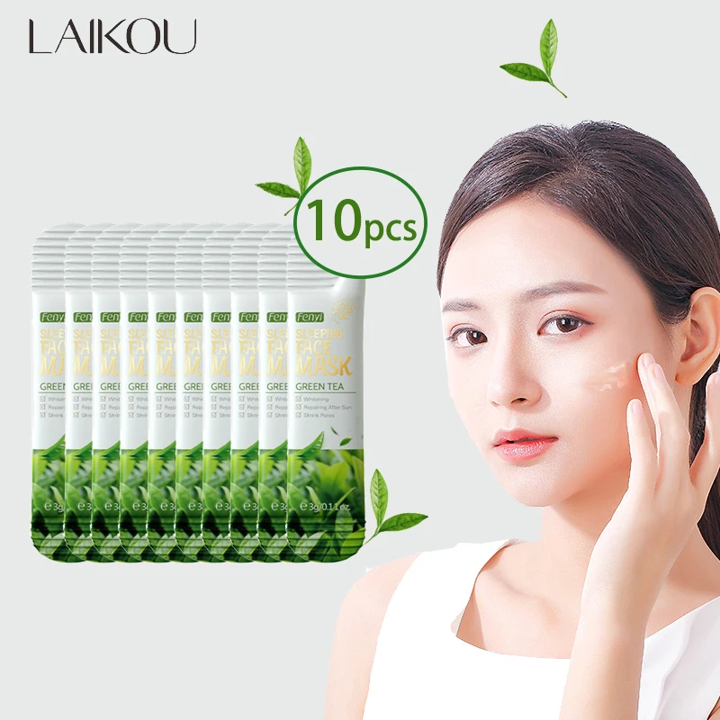 

10Pcs LAIKOU Green Tea Sleeping Mask Moisturizing Oil Control Hydrating Shrink Pore Anti Wrinkle Nourishing Brighten Skin Care