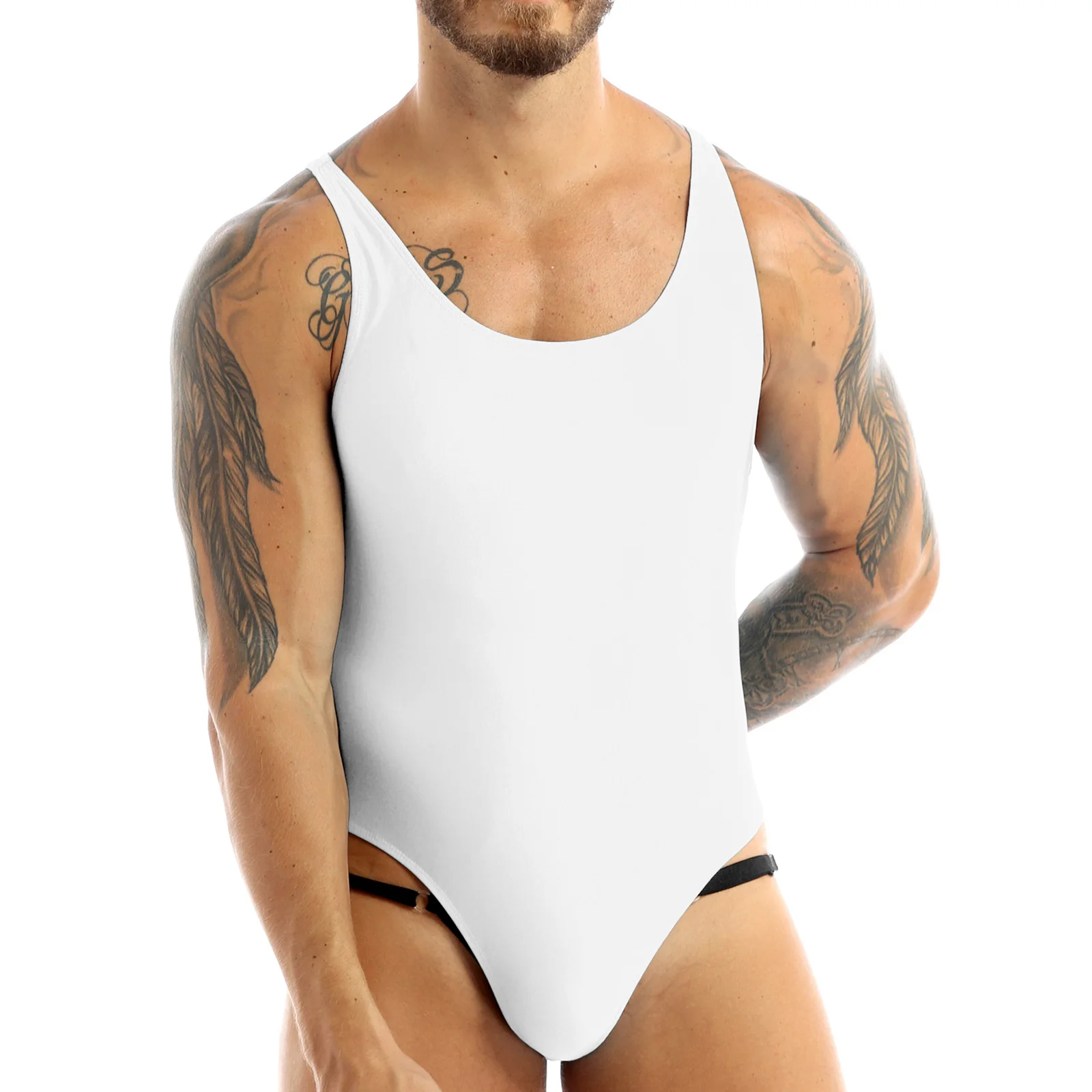 MSemis Mens Lingerie High Cut Bodysuit Leotard Singlet Underwear Sleeveless Bodysuit com bojo Thong Leotard with Bulge Pouch New