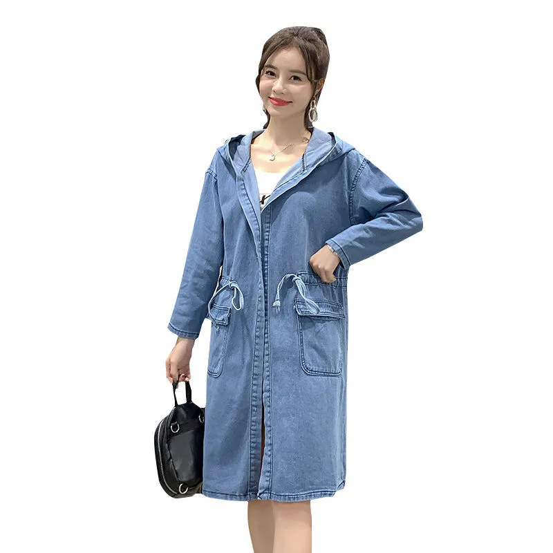 2022 New Fashion Spring Autumn Denim Trench Coat Women Slim Belt Jean Windbreaker 5XL Casual Hooded Long Outwear KW304