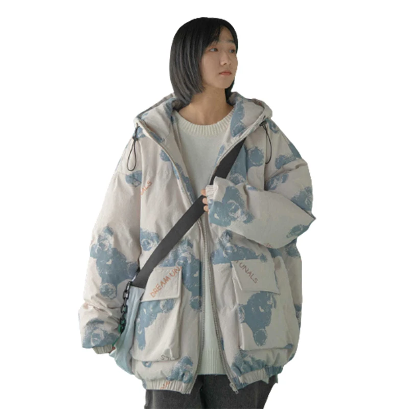 Large pocket tooling padded jacket women 2024 winter loose print hooded thick warm jacket for student daily working lady girls