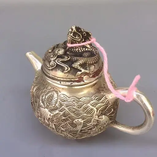 Collection Chinese Tibetan Silver Carved Dragon Copper Teapot Wine Pot Water Pot Home Decoration Crafts