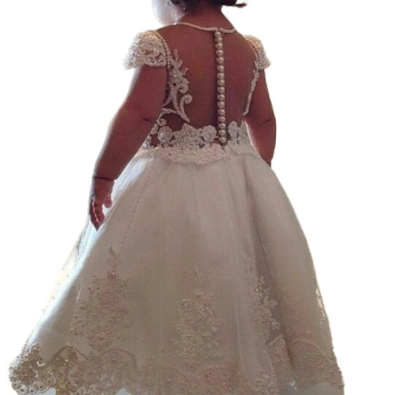 Tailor-made White Ivory Long Length Beading Lace Applique Ball Gown Flower Girl Dress for Weddings Bow-knot First Communion