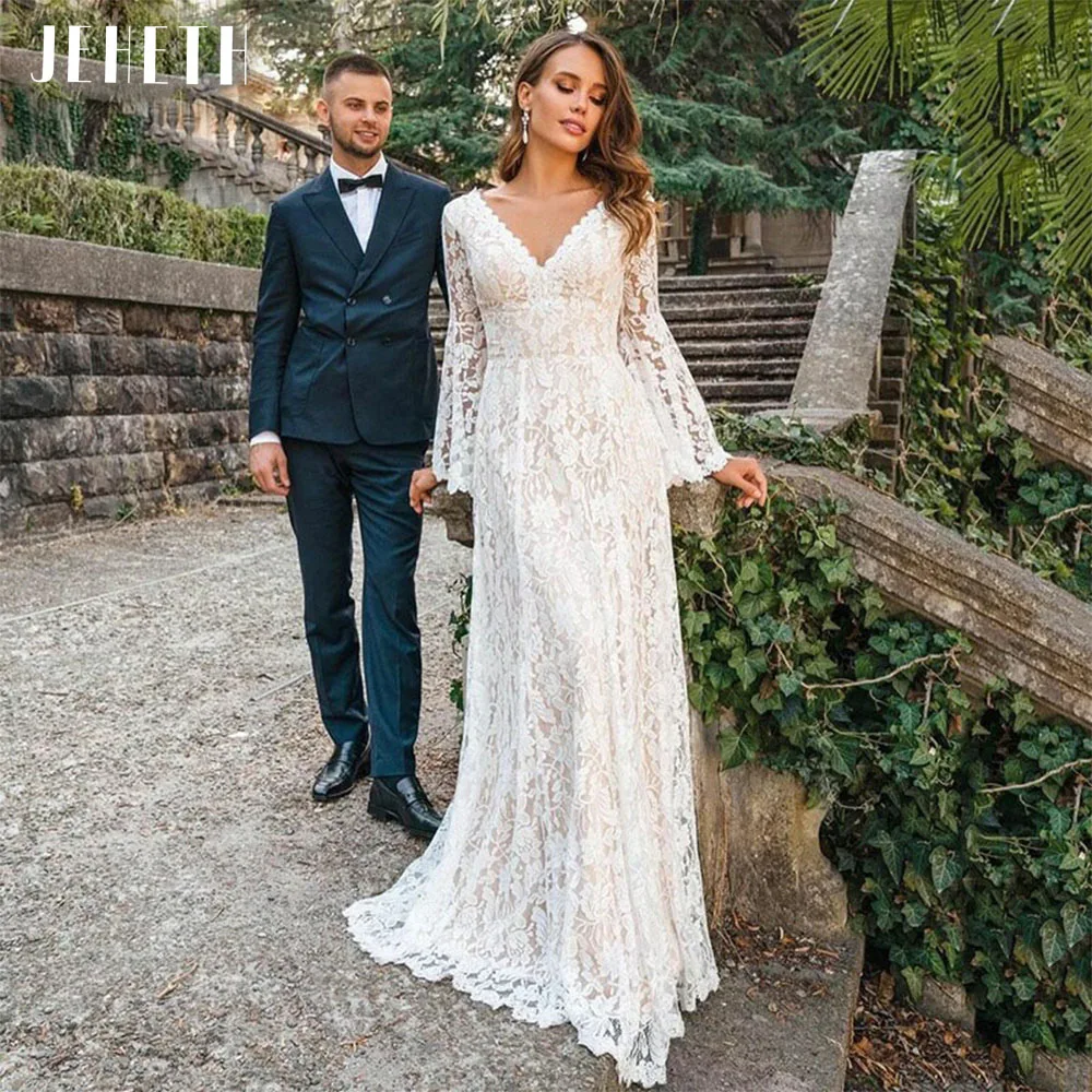 Jeheth aberto voltar laço alargamento manga boho vestido de casamento com decote em v vestidos de noiva longos rendas até borla até o chão comprimento vestidos de novia Vestido de casamento de estilo boêmio, braçadeira