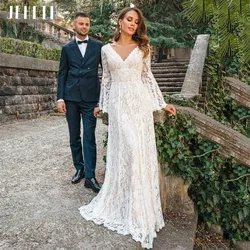 JEHETH Boho Wedding Dress Lace Women Flare Sleeve Elegant V Neck Long Bride Gown Open Back Tassel Floor Length Vestidos De Novia