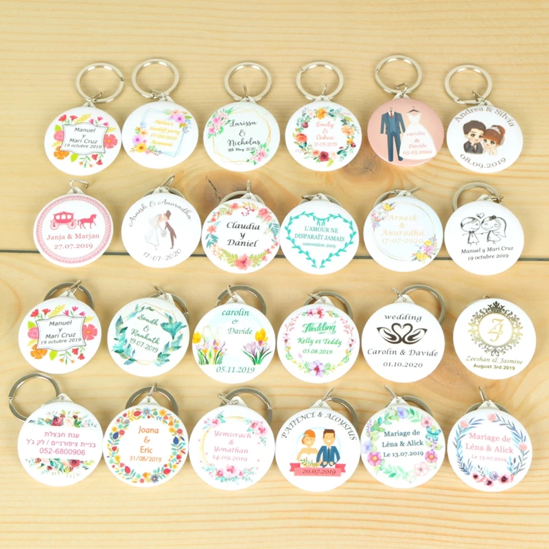 

50pcs Personalized name date Keychain with Mirror Custom your logo Print photos Wedding Favors And Gifts baby shower Souvenirs