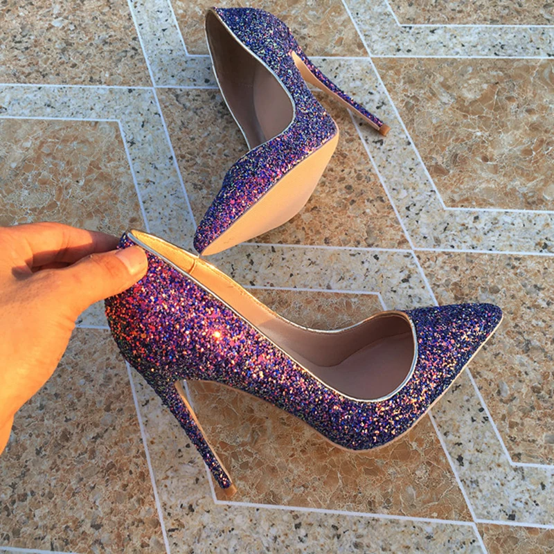 Veowalk Glitter Purple Sequined Women Pointy Toe High Heel Wedding Party Shoes Sparkly 8-12cm Stiletto Pumps Big Size 33-45