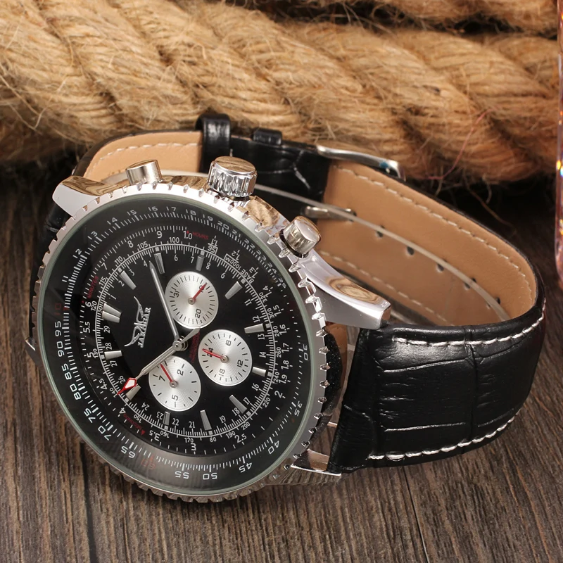 NEW JARAGAR Brand Luxury Men Mechanical Watches Men's Automatic 6 Hands Genuine Leather Strap Watches Black Auto Date Wristwatch