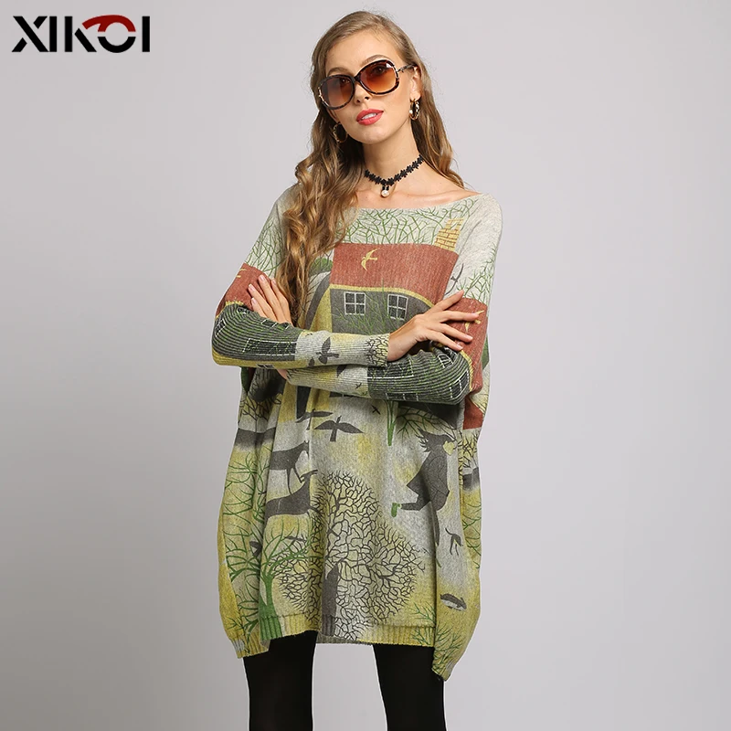 XIKOI Oversize Sweater Women Pullover Dress Pull Femme Relax Countryside Style Print Knitted Winter Warm Clothes Batwing Sleeve