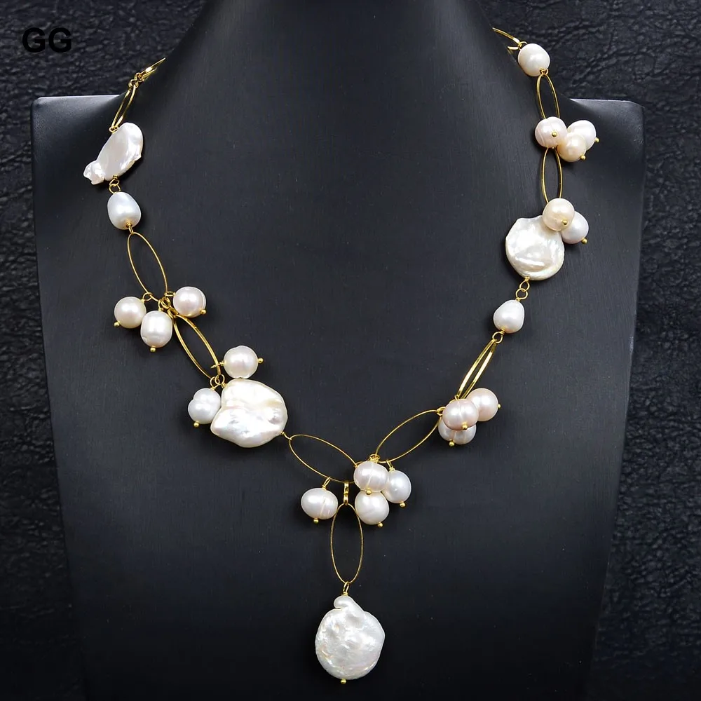 

GuaiGuai Jewelry 21" Natural White Keshi Coin Pearl Gold Plated Chain Pendant Necklace For Women