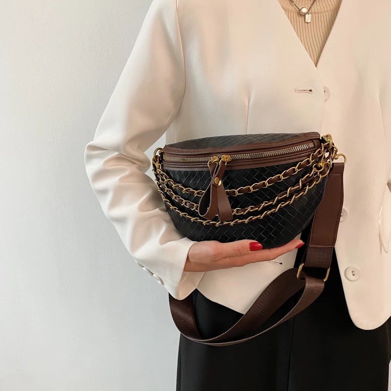 Riñonera Retro con cadena pequeña para mujer, bolso cruzado de cuero a cuadros para la cintura, bolso de pecho de diseñador de lujo, bolso con cinturón femenino