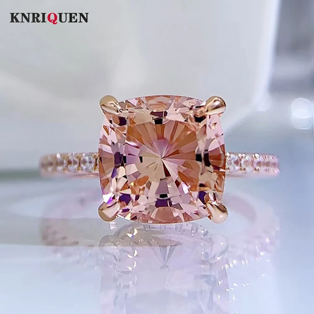 Luxury 100% 925 Sterling Silver 9*9mm Morgan Pink High Carbon Gemstone Ring for Women Romantic Wedding Party Fine Jewelry Gift