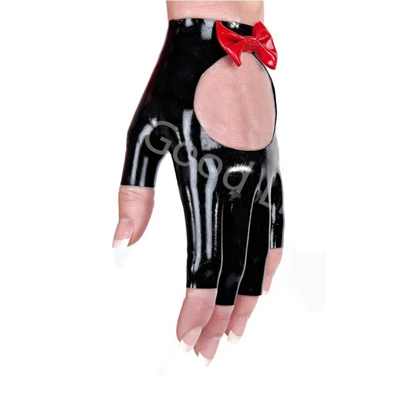 Sexy exotische Dessous Outdoor Club tragen Frauen Männer Unisex handgemachte Latex offenes Loch halbe Finger kurze Bogen knoten Handschuhe Cekc Zentai