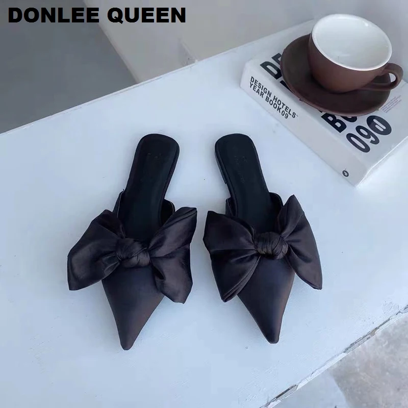 New Women Slippers Silk Bowtie Female Mules Fashion Flat Casual Shoes Pointed Toe Ladies Slides Elegant Woman Slipper Flip Flops