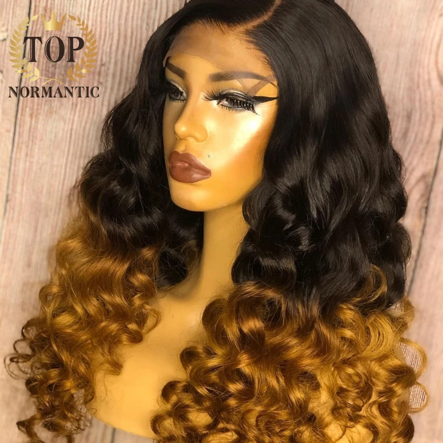 Topnormantic-brasileira Remy peruca de cabelo humano para mulheres, Ombre Color, onda profunda solta, perucas de renda 13x4, linha fina pré arrancada, 250%