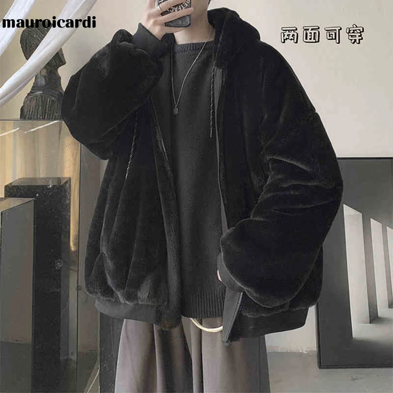 Mauroicardi Winter Oversized Black Warm Thick Parka with Fur Inside Hood Long Sleeve Korean Fashion Men 2021 Reversible Fur Coat