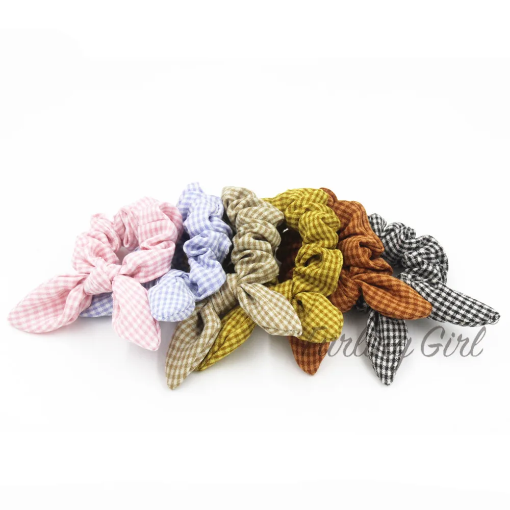 Furling Girl 1 PC Plaid Design Bunny Ears Hair Scrunchies Rabbit Ears Elastic Hair Bands Bowknot Hair Accessories Hair Bow