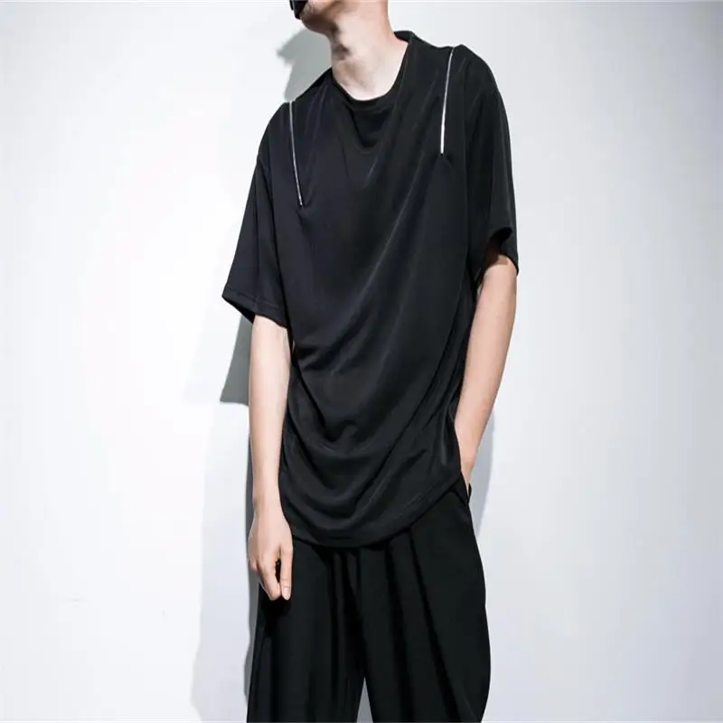 Men's new dark hair stylist singer fashion male elastic shoulder zipper design loose large size short sleeve T-shirt