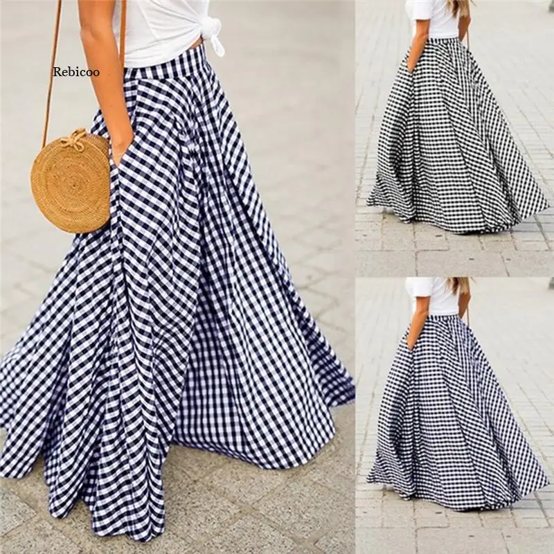 Women's Skirts Vintage Plaid Check Long Skirt  Zipper Pleated Faldas Bohemian Jupe Femme Casual Pockets Maxi Skirts