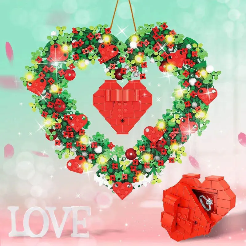 808Pcs Heart Shaped Model Flower Wreath Building Blocks Valentine's Day Ring Jewelry Boxes Bricks Children Toys For Girls