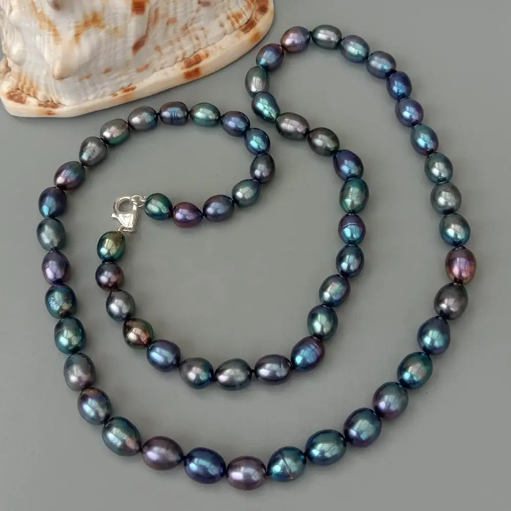 

KKGEM natural 10x12mm Cultured Black Rice Freshwater Pearl Long Necklace 32.5" 925 Silver Clasp