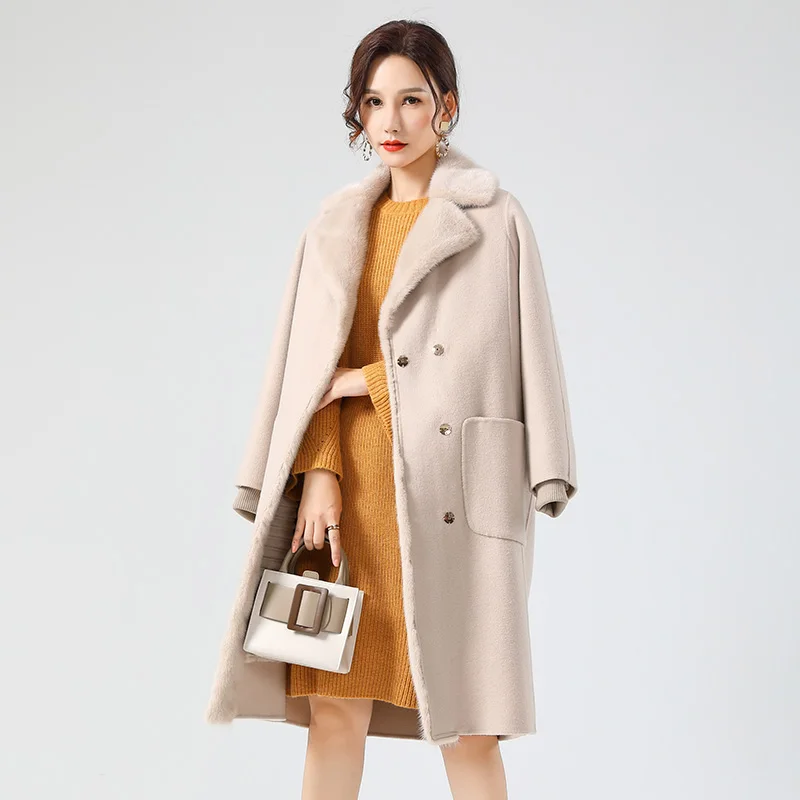 Pudi Women Winter Real Fur Coat Jacket Mink Collar Rabbit Liner 2021 Ins Hot Lady Wool Blends Coats Parka Trench Z20163