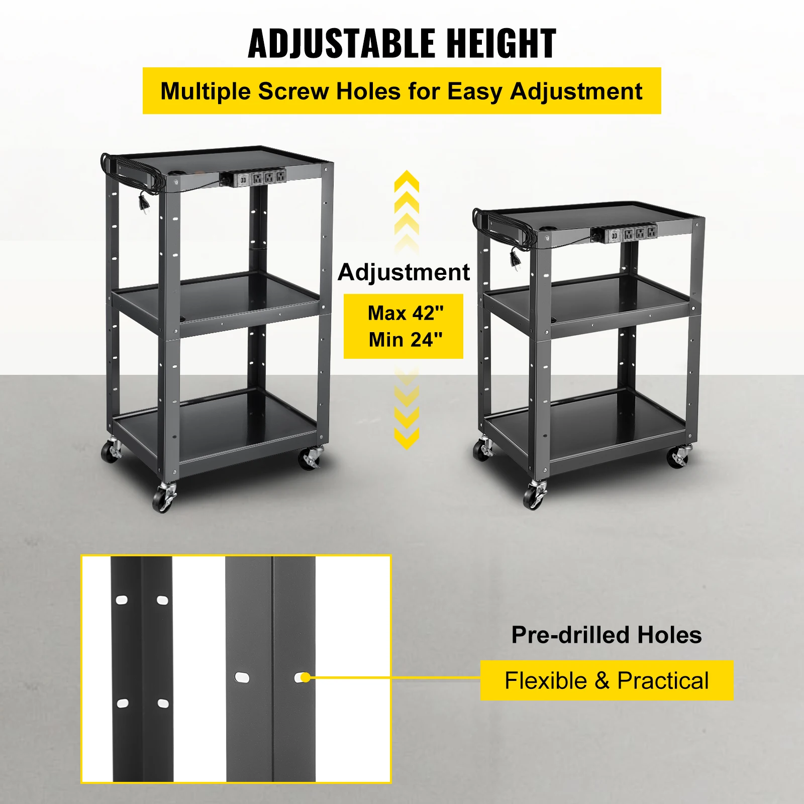 VEVOR-Cold Steel Lamined AV Cart, carrinho de mídia com gerenciamento de cabos, prateleiras ajustáveis com Power Strip anexada, 24-42 em altura