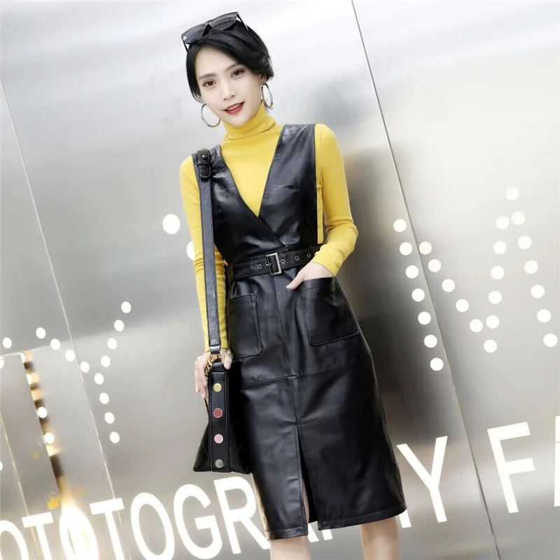 Strap Dress New Fashion Genuine Leather Casual Dress Elbise Women Vestido Clothes For Female Robe Femme Belted Slim Fit 4XL