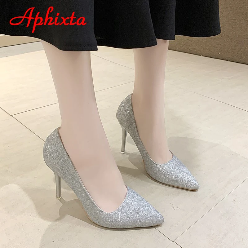 Aphixta New Bling Sequined Leather Shoes Women High 10cm Thin Heel Pointed Toe Wedding Official Pumps Woman Big Size 49 50