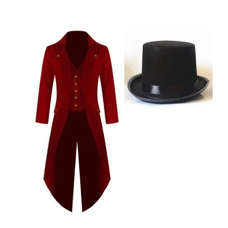 Costume Steampunk Médiéval pour Homme, Tailcoat Vintage, Veste Gothique, Manteau de Magicien Ringmaster avec Chapeau Magique, Grande Taille 5XL