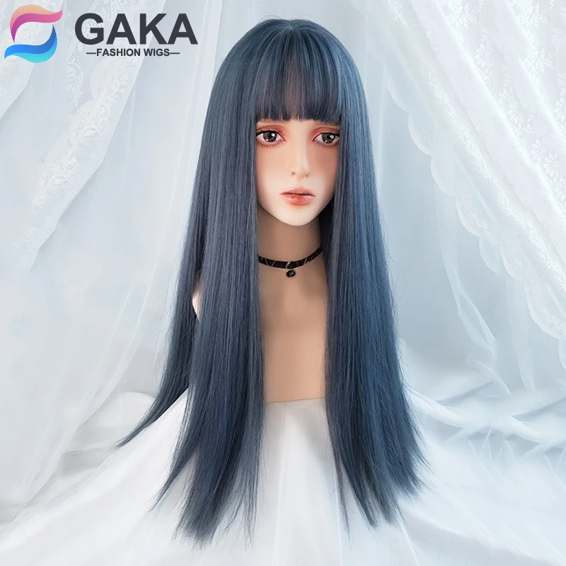 GAKA Natural Peruca Azul Longa Natural Cabelo Sintético com Franja Peruca para Mulheres Meninas Role Play Lolita Partido resistente ao calor Chapelaria