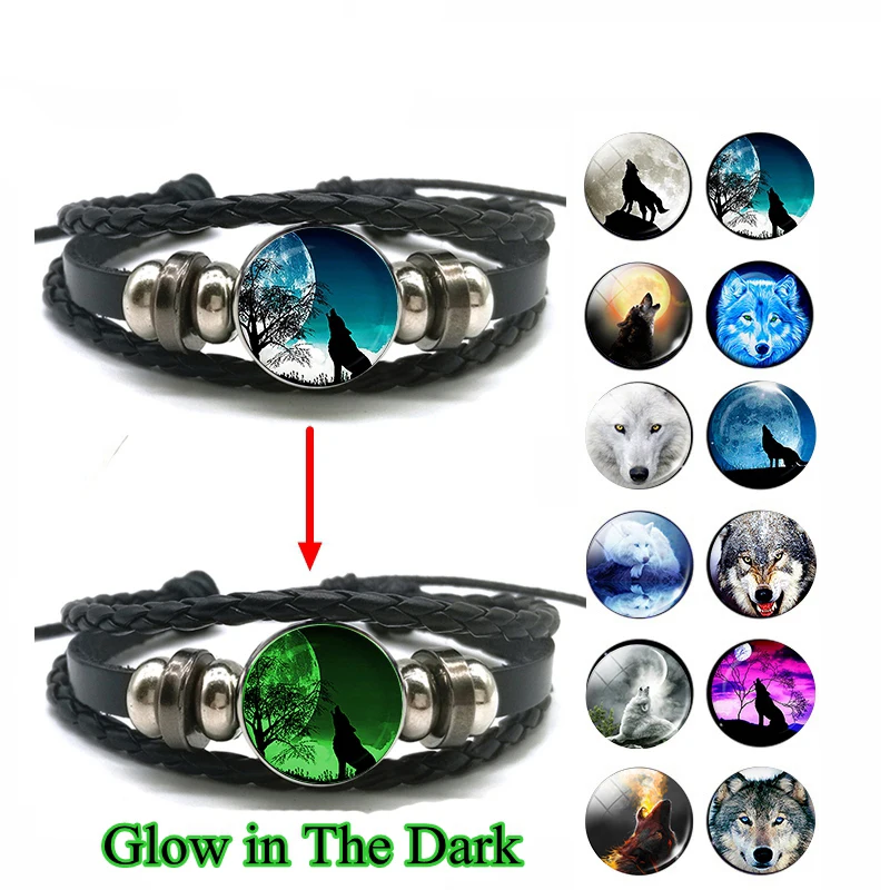 Glow In The Dark Wolf Head Bracelet Multilayer Leather Bracelet Charm Women Men Fashion Luminous Bracelets Wolf Jewelry