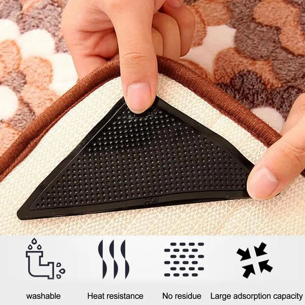 4Pcs Anti Skid Rug Carpet Mat Non Slip Grip Small Corners Triangular Pad Washable Removable Strong Adhesive Stopper Tape Sticker