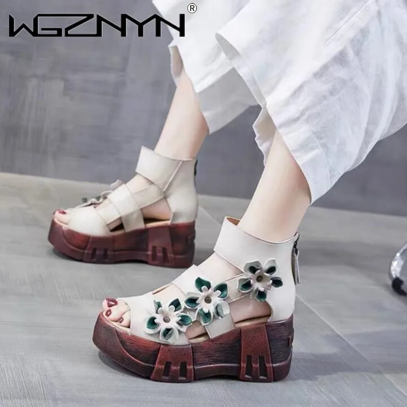 Women Sandals 2023 High Heels Platform Women Shoes Summer Casual Female Sneakers Knitting Flowers Slip on Peep Toe Women Sandals