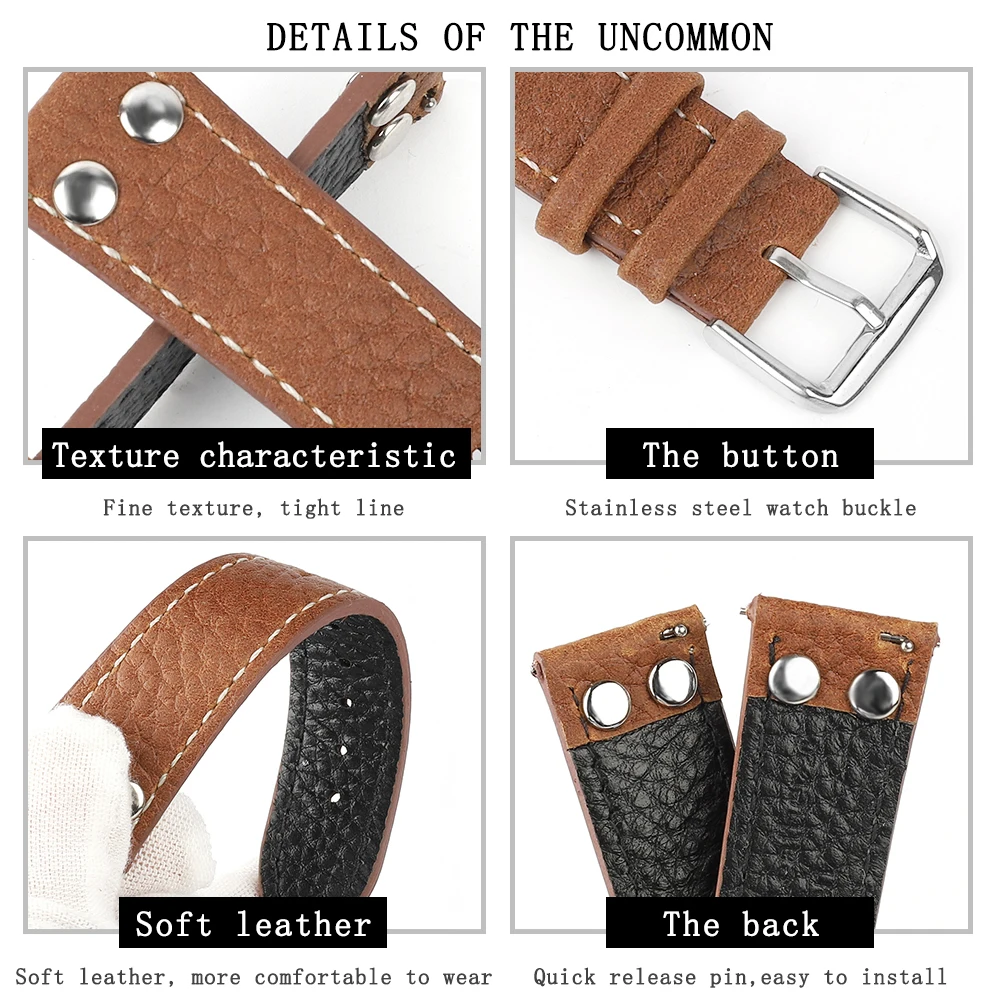 Genuine Leather Lychee Pattern Watch Band Black Coffee Brown Rivets Watchband Wrist Strap Belt Bracelet 18mm 20mm 22mm 24mm