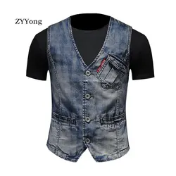 Spring Retro Colorblock European Style Blue Slim Denim Suit Vest Coat Men Waistcoat V Neck Jean Jacket Motorcycle Gilet Homme