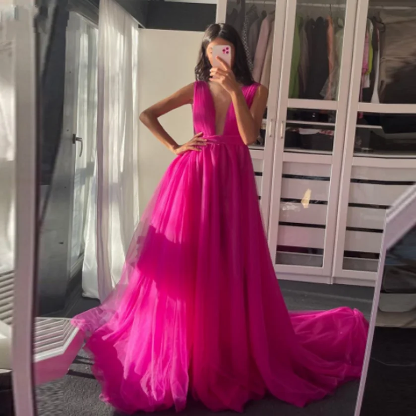

Sexy Fuchsia Tulle Evening Dresses Robe De Soiree V Neck Floor Length Open Back Prom Party Gown Robe De Soriee Customized