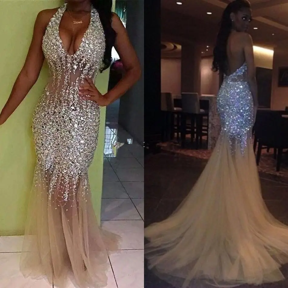 2021 Sexy Bling Mermaid Prom Dresses Deep V Neck Halter Crystal Beaded Tulle See Through Backless Nude Evening Gowns Pageant