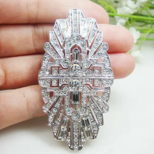 Woman\'s Vintage Buckle Crown Flower Brooch Pin Clear Rhinestone Crystal