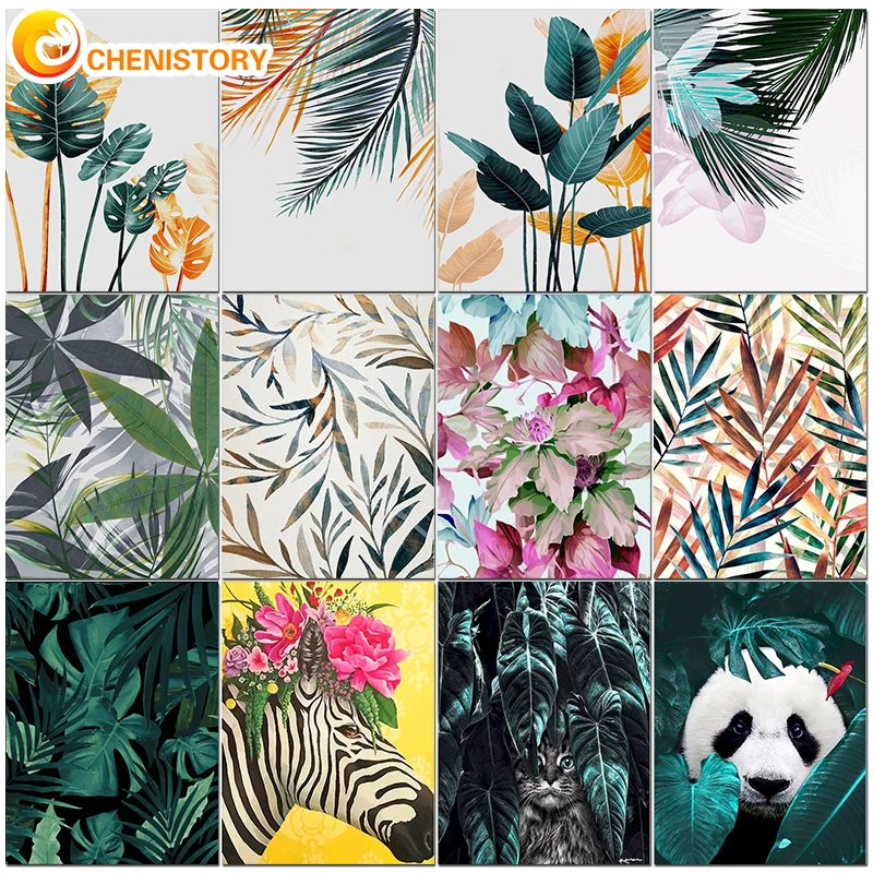 CHENISTORY Paint By Numbers DIY Leaf With Animal Acrylic Paint Pictures By Numbers Drawing For Adults Kits Wall Art Home Decor