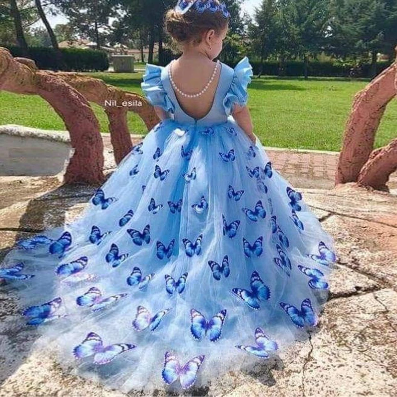 New Arrival Butter Fly Ruffles Princess Flower Girl Dresses Lace Tulle Birthday Pageant Communion Robe De Demoiselle Baby Party