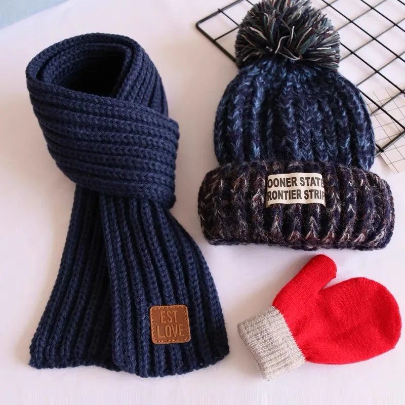 Wool three-piece set baby wool hat scarf autumn and winter boys and girls children baby cotton warm knit hat thick damp