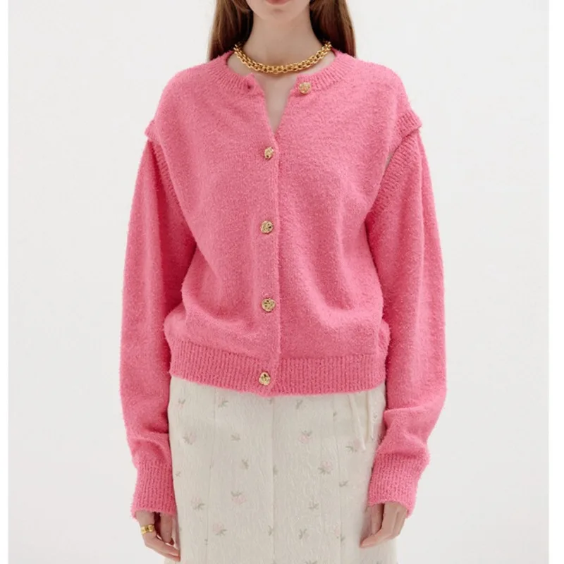 Abnehmbare Ärmel Koreanischen Stil Frauen Strickjacke Feminine Pendler Crew Neck Einreiher Damen Pullover Rosa Weiß