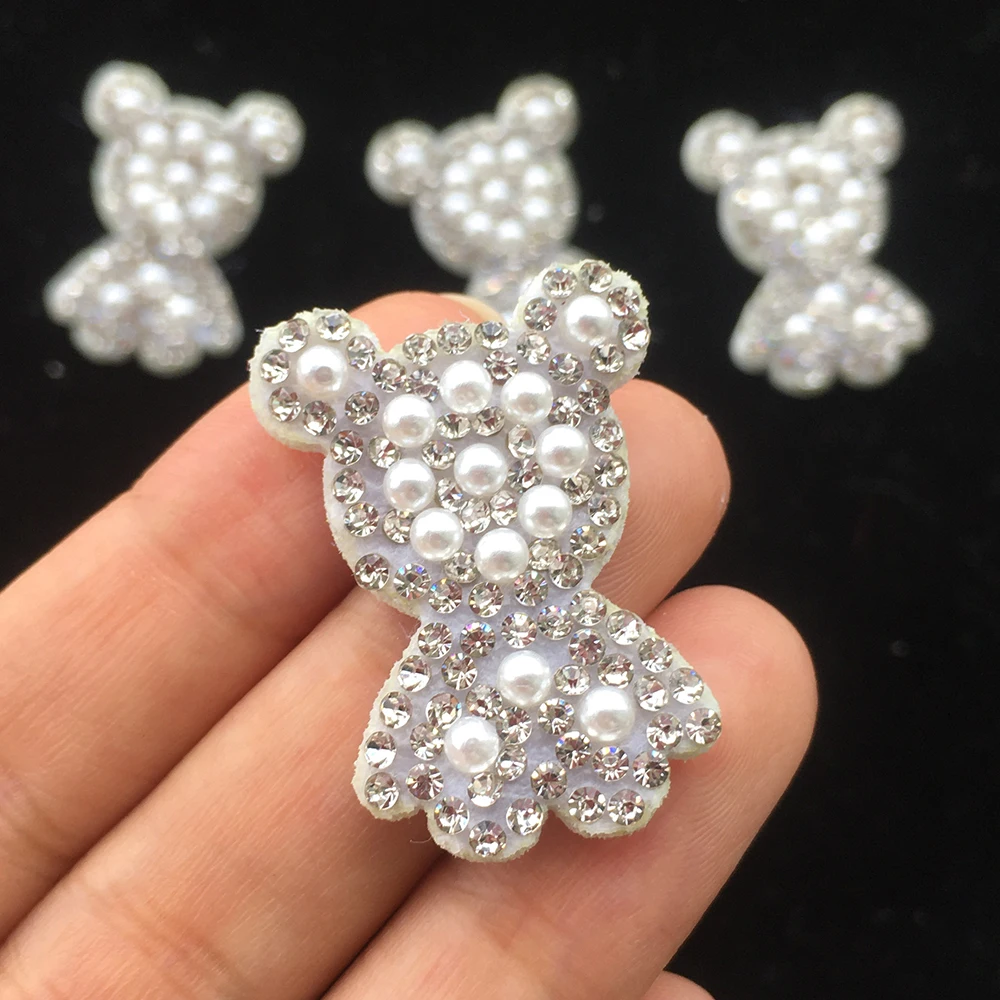 15Pcs Cute Bear Flower White Rhinestone Patches for DIY Clothes Hat Headwear Hair Clips Decor Appliques Accessories